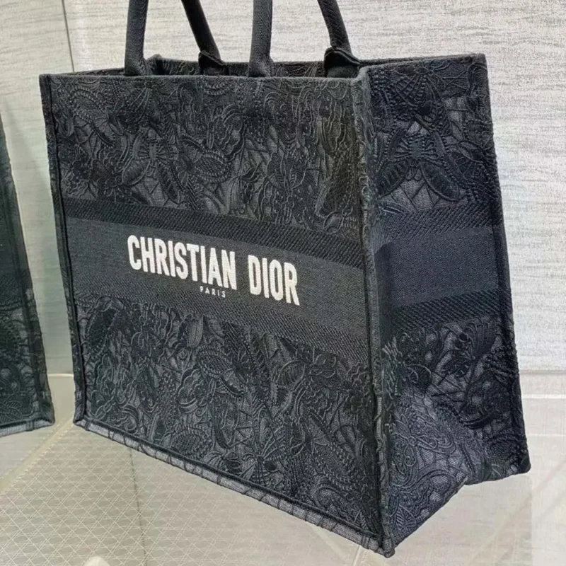 Dior Women Large Book Tote Black D-Lace Butterfly Embroidery