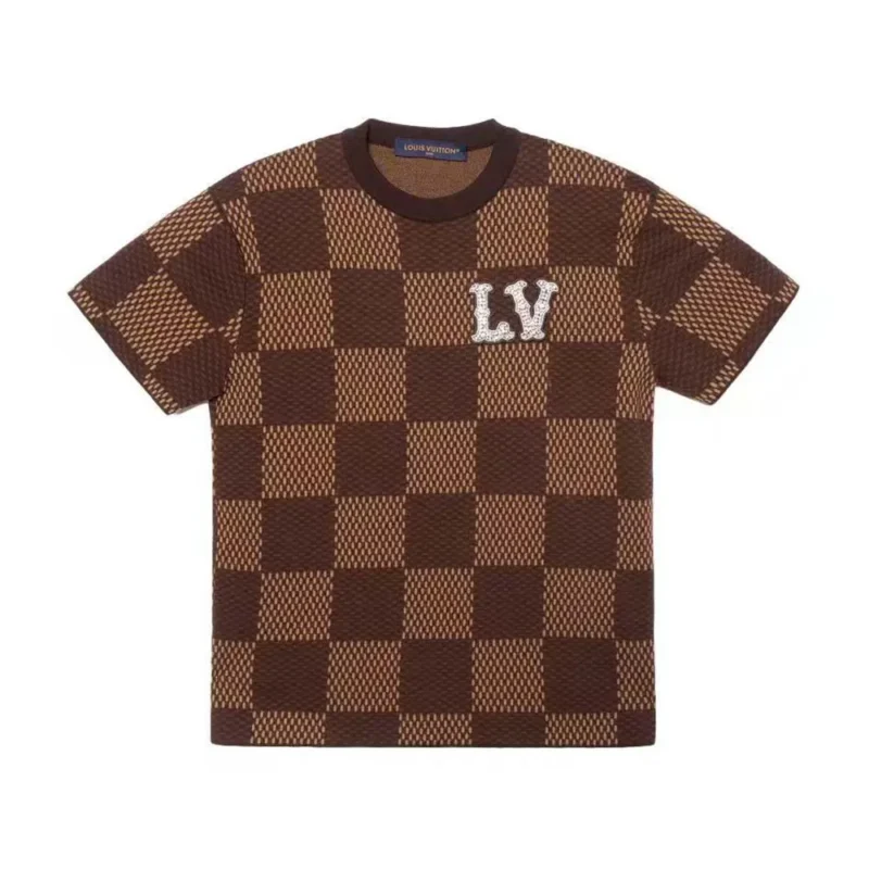 Louis Vuitton Men Damier Short-Sleeved Crewneck With LV Crystal Patch-Brown