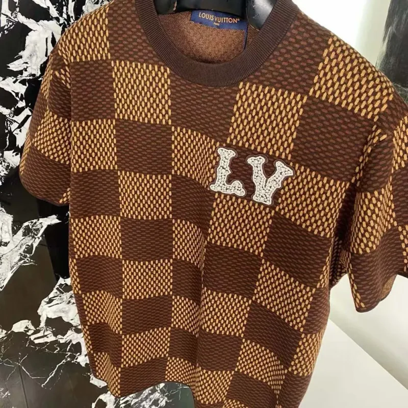 Louis Vuitton Men Damier Short-Sleeved Crewneck With LV Crystal Patch-Brown