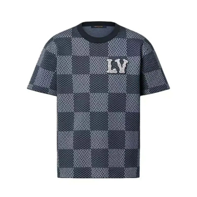 Louis Vuitton Men Damier Short-Sleeved Crewneck With LV Crystal Patch-Navy