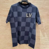 Louis Vuitton Men Damier Short-Sleeved Crewneck With LV Crystal Patch-Navy (1)