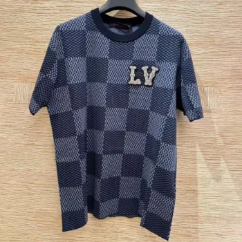 Louis Vuitton Men Damier Short-Sleeved Crewneck With LV Crystal Patch-Navy