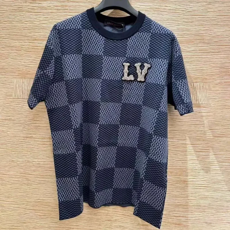 Louis Vuitton Men Damier Short-Sleeved Crewneck With LV Crystal Patch-Navy