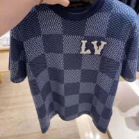 Louis Vuitton Men Damier Short-Sleeved Crewneck With LV Crystal Patch-Navy (1)