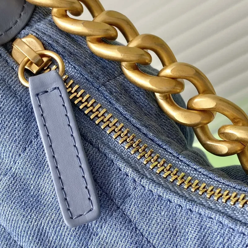 Chanel Women Large Hobo Bag Washed Denim Gold Tone Metal-Blue