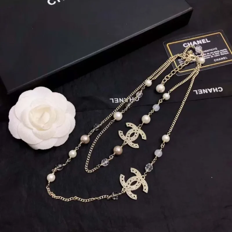 Chanel Women Long Necklace Metal Resin Glass Pearls Diamantes