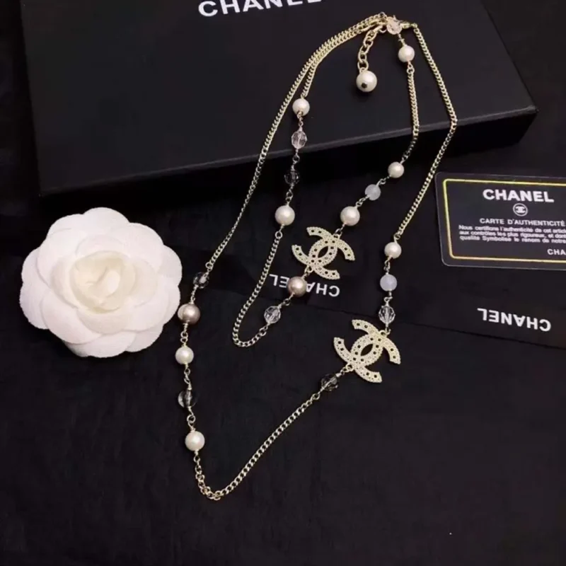 Chanel Women Long Necklace Metal Resin Glass Pearls Diamantes