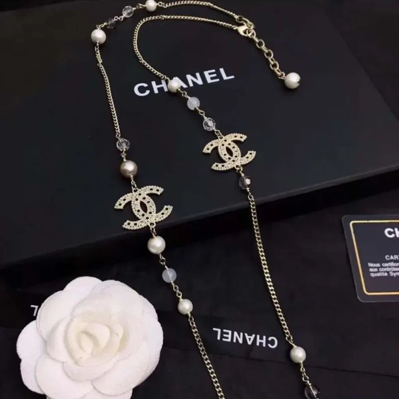 Chanel Women Long Necklace Metal Resin Glass Pearls Diamantes