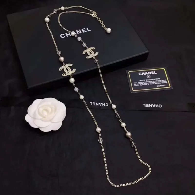 Chanel Women Long Necklace Metal Resin Glass Pearls Diamantes