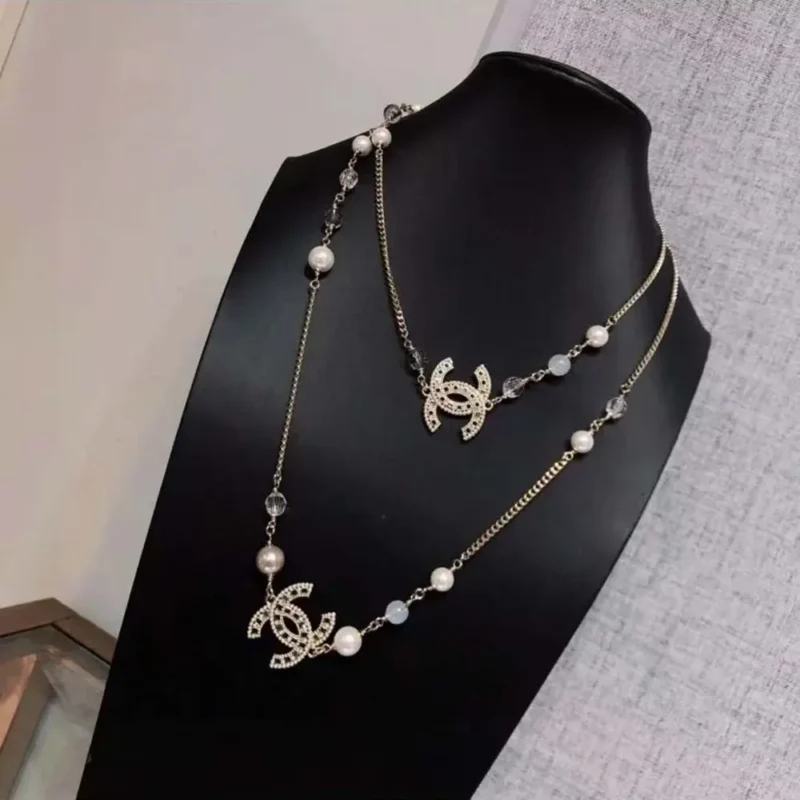 Chanel Women Long Necklace Metal Resin Glass Pearls Diamantes