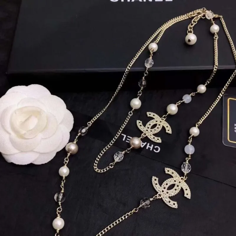 Chanel Women Long Necklace Metal Resin Glass Pearls Diamantes