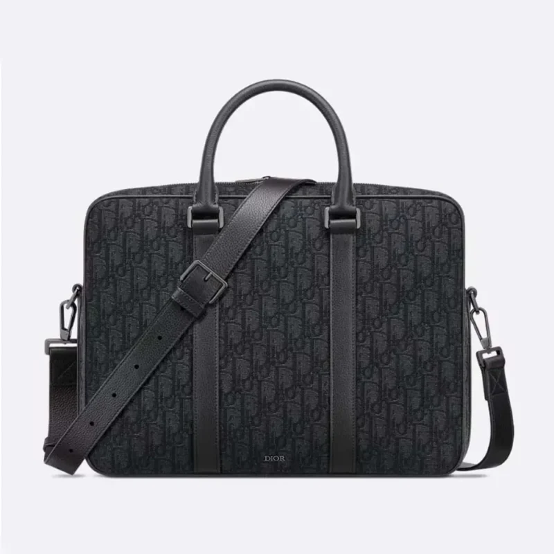 Dior Men Zipped Briefcase Black Dior Oblique Jacquard and Black Grained Calfskin