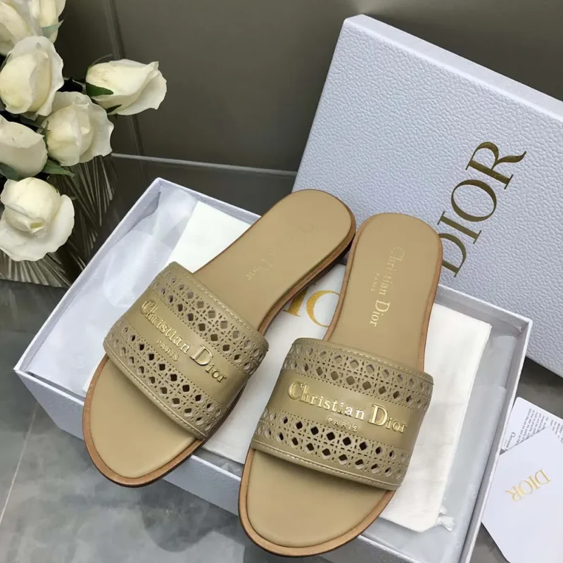 Dior Women D-Lane Slide Beige Calfskin with Openwork Microcannage Motif