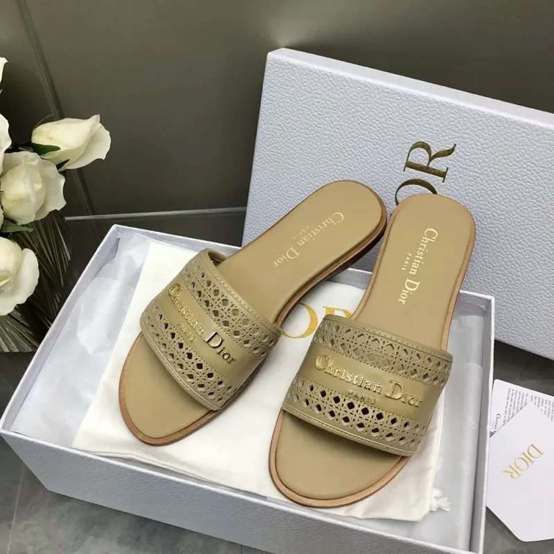 Dior Women D-Lane Slide Beige Calfskin with Openwork Microcannage Motif