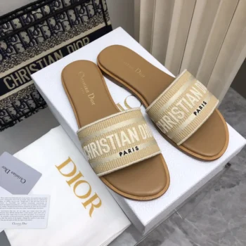 Dior Women Dioriviera Dway Slide Natural Raffia and White Embroidered Cotton