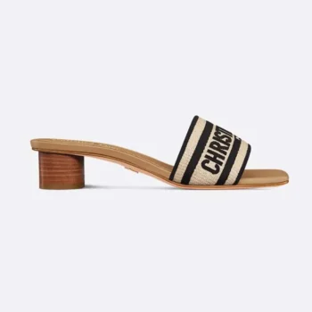 Dior Women Dway Heeled Slide Natural Raffia and Black Embroidered Cotton