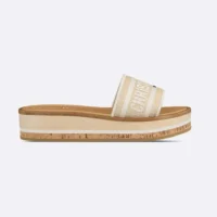 Dior Women Dway Platform Slide Natural Raffia and White Embroidered Cotton