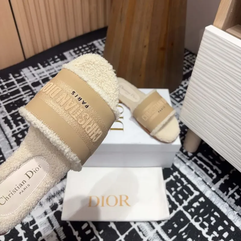 Dior Women Dway Slide Beige Calfskin and Embroidered Cotton