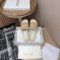 Dior Women Dway Slide Beige Calfskin and Embroidered Cotton (1)