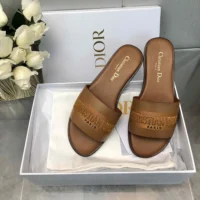 Dior Women Dway Slide Camel Calfskin and Embroidered Cotton (1)