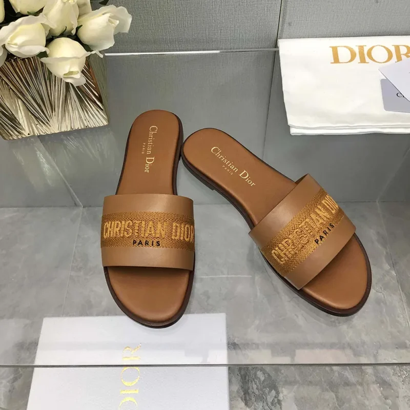 Dior Women Dway Slide Camel Calfskin and Embroidered Cotton