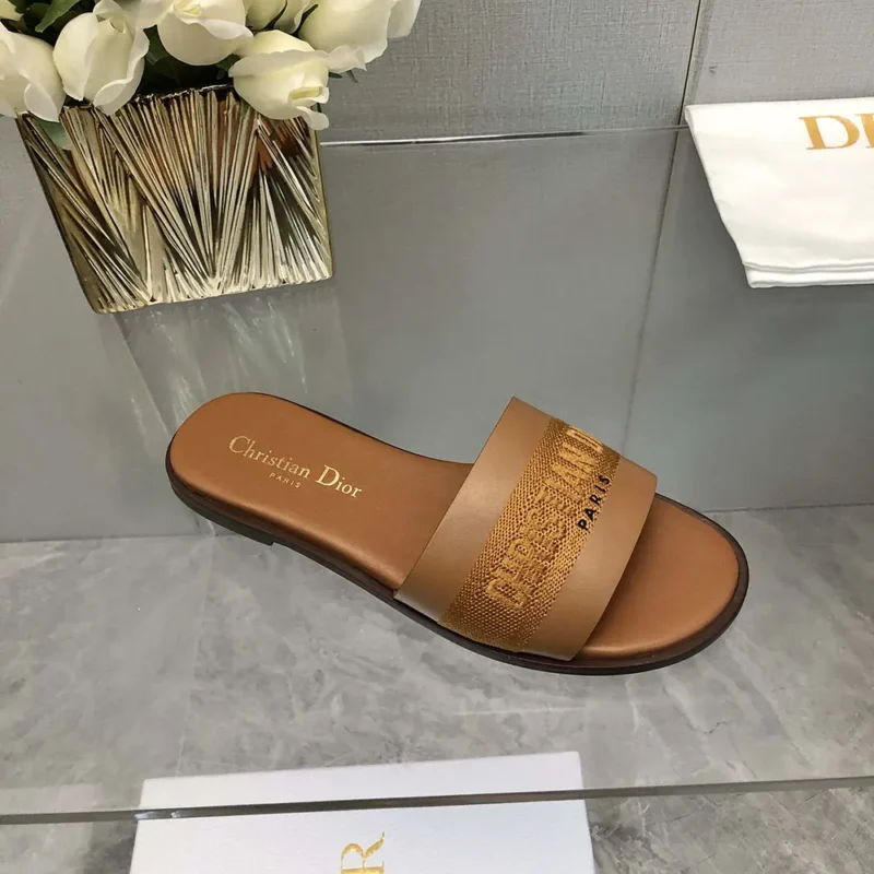 Dior Women Dway Slide Camel Calfskin and Embroidered Cotton