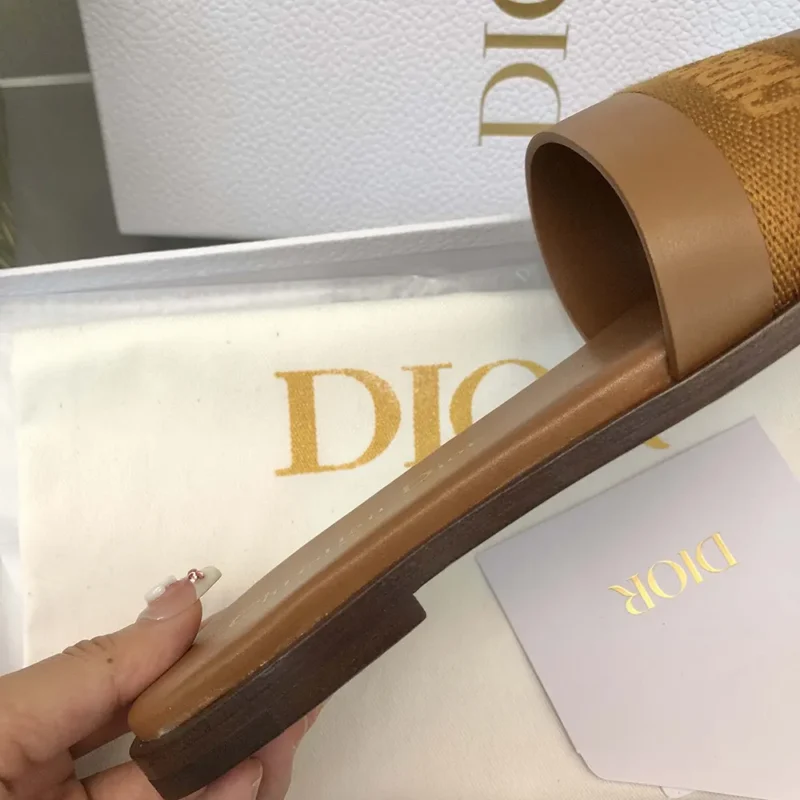 Dior Women Dway Slide Camel Calfskin and Embroidered Cotton