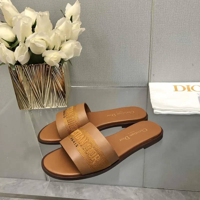 Dior Women Dway Slide Camel Calfskin and Embroidered Cotton