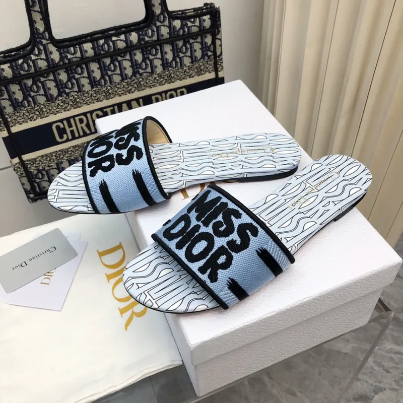 Dior Women Dway Slide Embroidered Cotton and Pale Blue Miss Dior Allover Motif