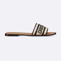 Dior Women Dway Slide Natural Raffia and Black Embroidered Cotton