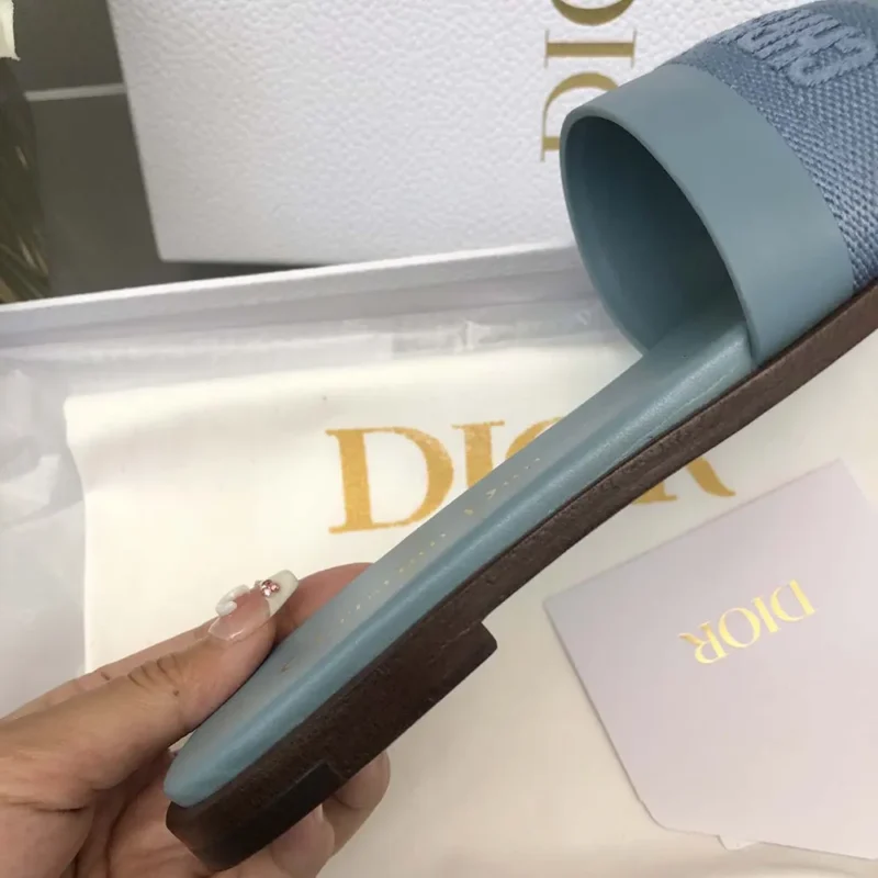 Dior Women Dway Slide Pastel Blue Calfskin and Embroidered Cotton