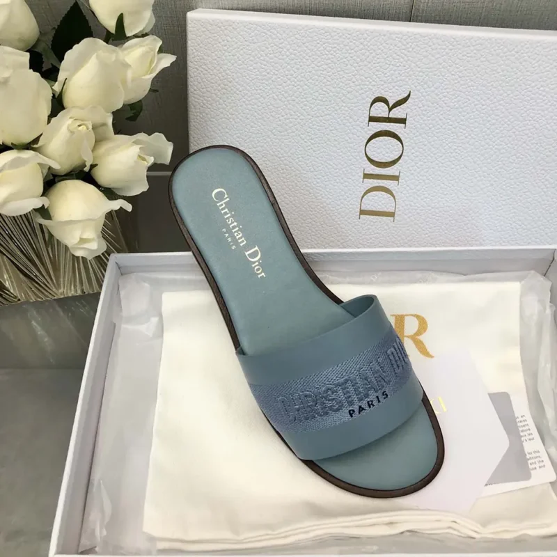 Dior Women Dway Slide Pastel Blue Calfskin and Embroidered Cotton