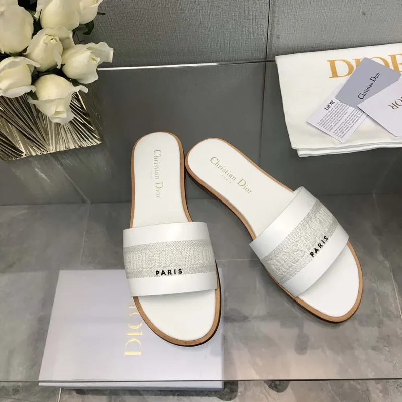 Dior Women Dway Slide White Calfskin and Embroidered Cotton