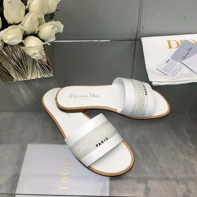 Dior Women Dway Slide White Calfskin and Embroidered Cotton