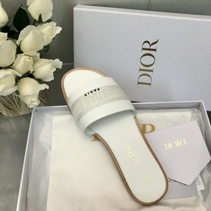 Dior Women Dway Slide White Calfskin and Embroidered Cotton