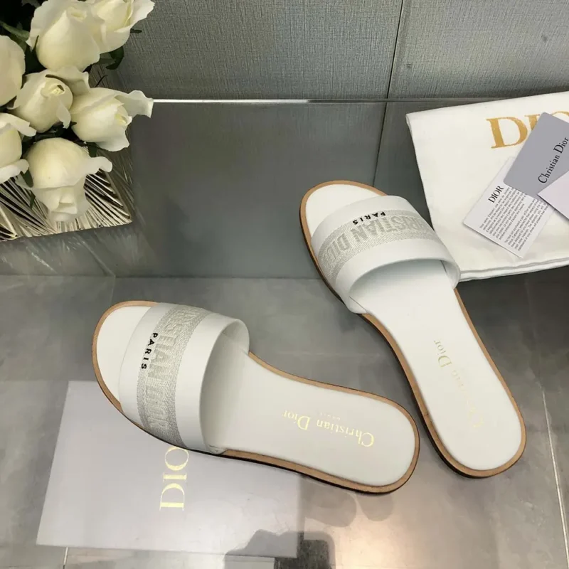 Dior Women Dway Slide White Calfskin and Embroidered Cotton