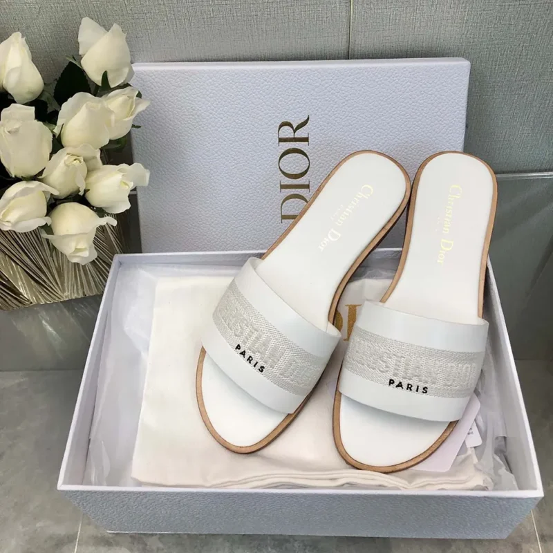 Dior Women Dway Slide White Calfskin and Embroidered Cotton