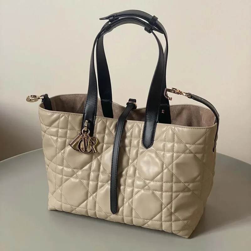 Dior Women Medium Dior Toujours Bag Rope Beige and Black Macrocannage Calfskin