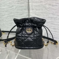 Dior Women Miss Caro Mini Bucket Bag with Drawstring Black Macrocannage Lambskin (1)