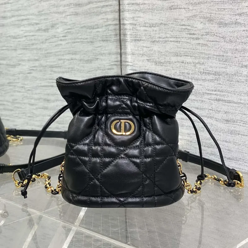 Dior Women Miss Caro Mini Bucket Bag with Drawstring Black Macrocannage Lambskin