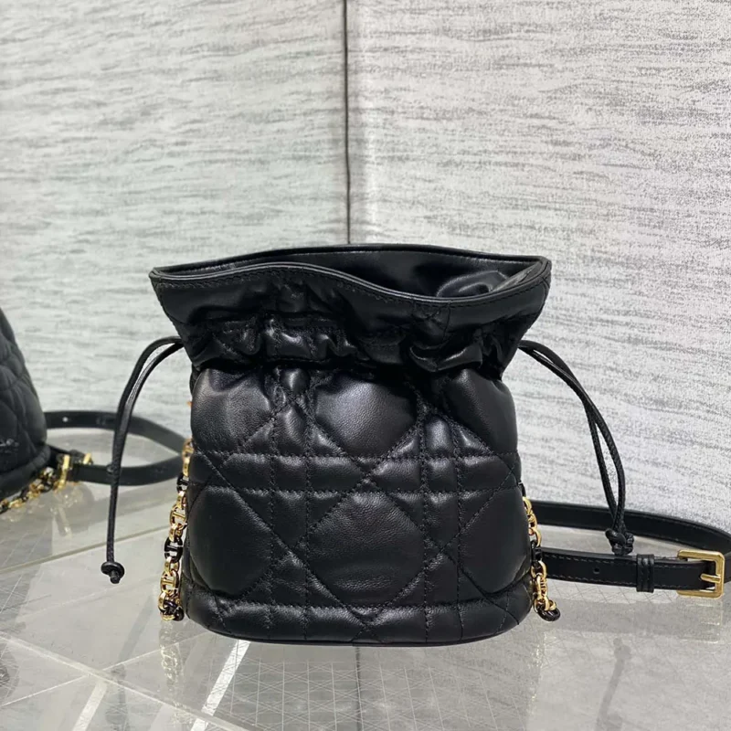 Dior Women Miss Caro Mini Bucket Bag with Drawstring Black Macrocannage Lambskin