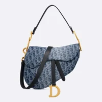 Dior Women Saddle Bag with Strap Blue Denim Dior Oblique Jacquard