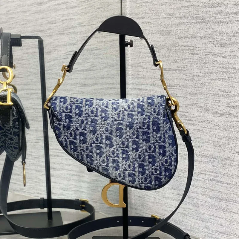 Dior Women Saddle Bag with Strap Blue Denim Dior Oblique Jacquard