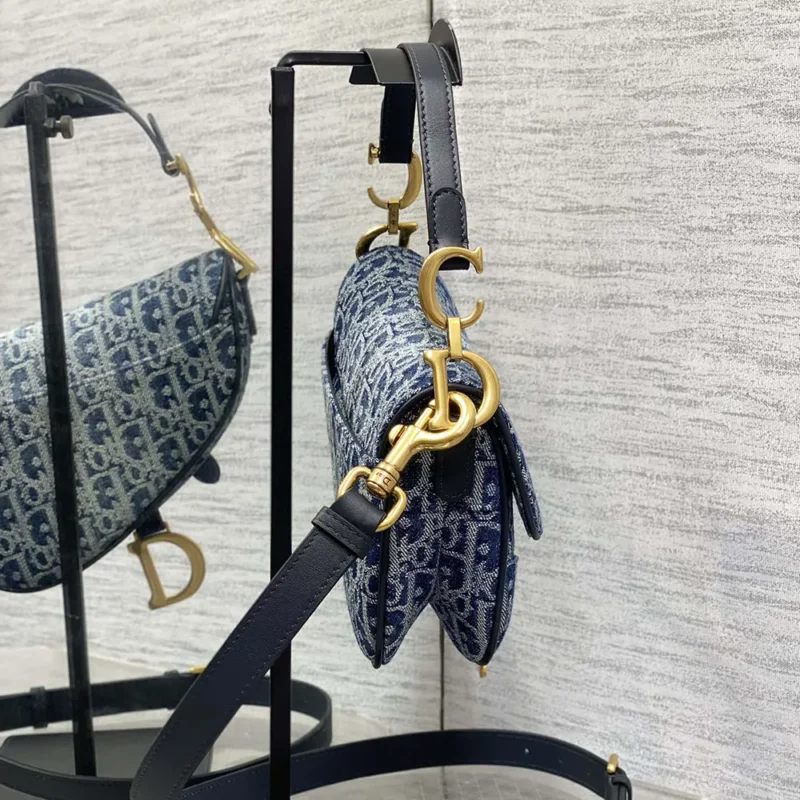 Dior Women Saddle Bag with Strap Blue Denim Dior Oblique Jacquard