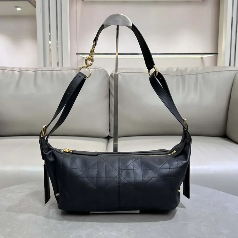 Dior Women Small D-Journey Bag in Crinkled Calfskin Black Flat Macrocannage