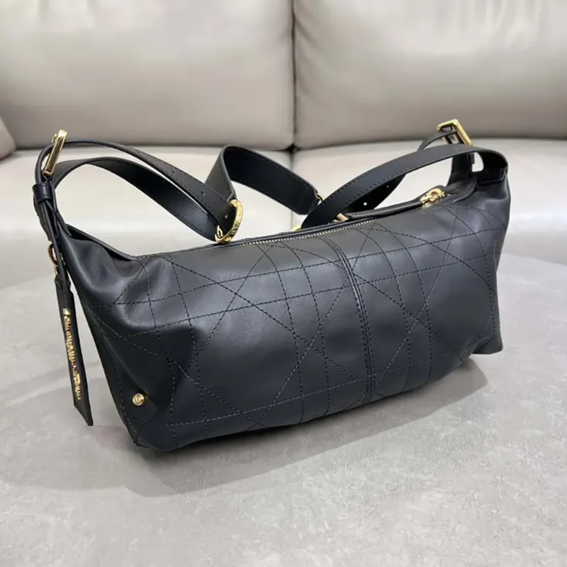 Dior Women Small D-Journey Bag in Crinkled Calfskin Black Flat Macrocannage