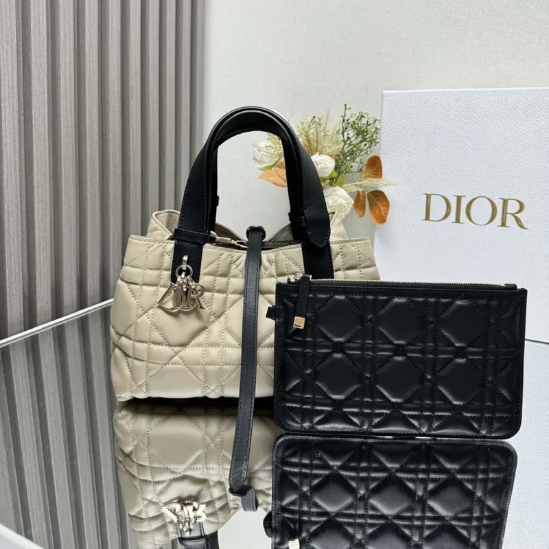 Dior Women Small Dior Toujours Bag Rope Beige and Black Macrocannage Calfskin