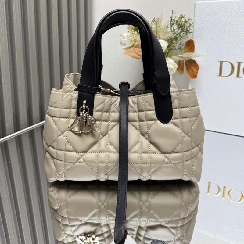 Dior Women Small Dior Toujours Bag Rope Beige and Black Macrocannage Calfskin