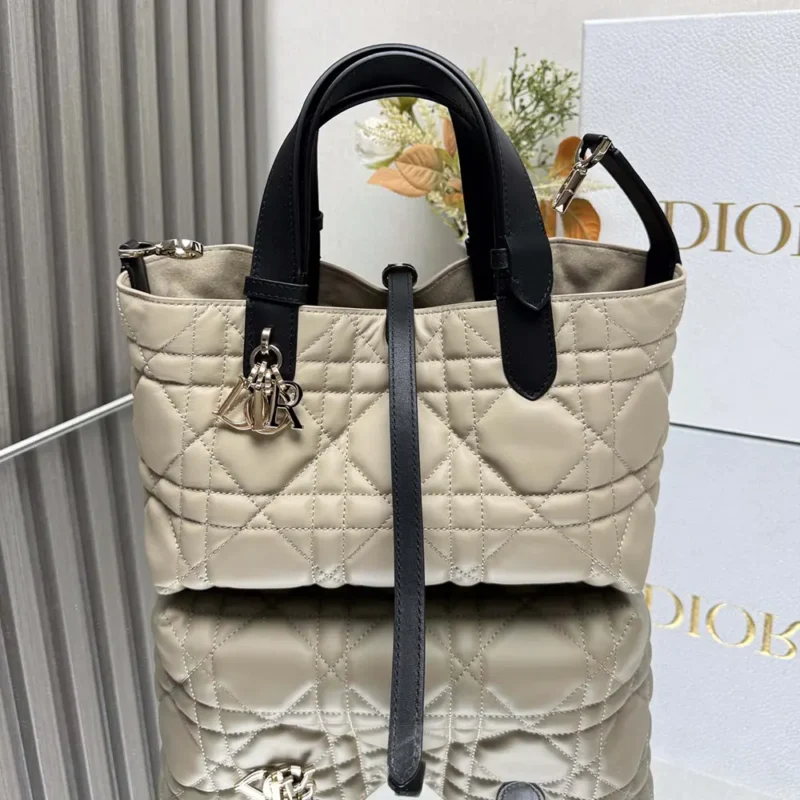 Dior Women Small Dior Toujours Bag Rope Beige and Black Macrocannage Calfskin