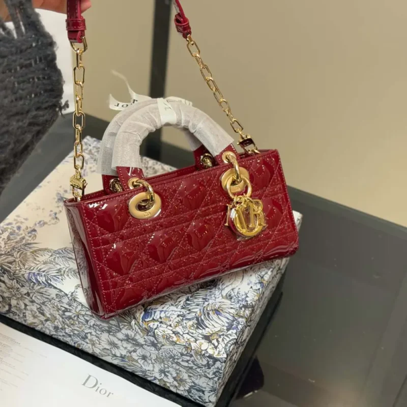 Dior Women Small Lady D-Joy Bag Cherry Red Patent Cannage Calfskin